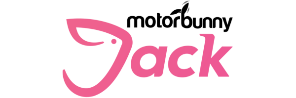 Logo with 'motorbunny Jack' in black and pink text.