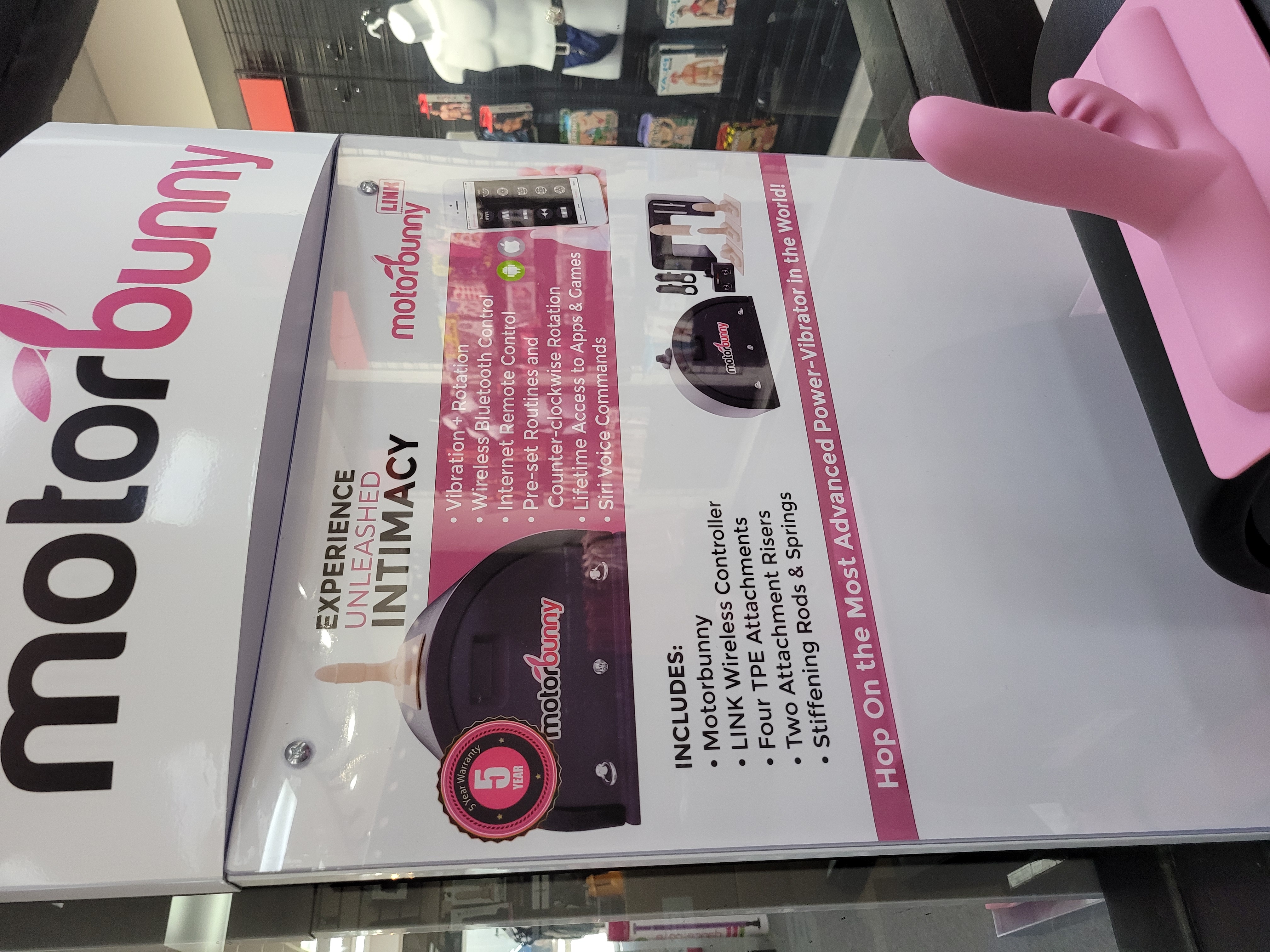 Display of a Motorbunny product with features and accessories listed.