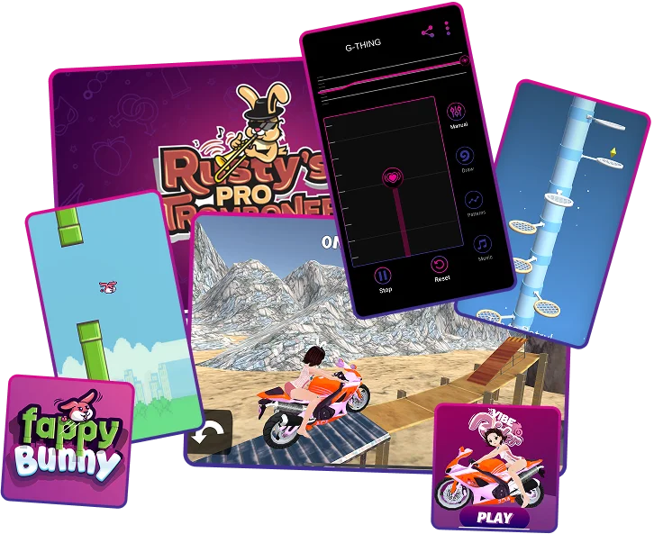 Collection of mobile game screenshots from the Fluffer app by Motorbunny, showing various game types and user interfaces