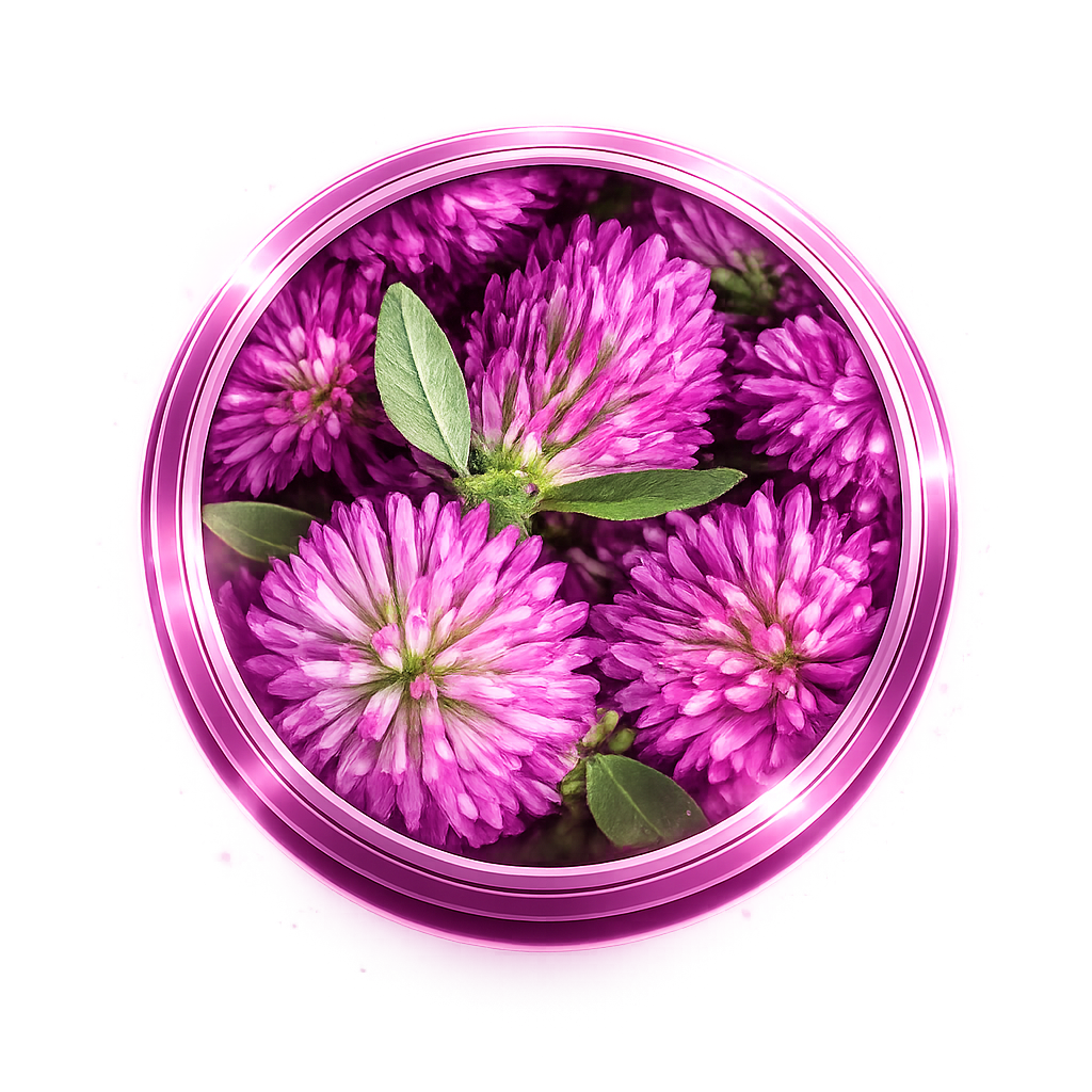 A close-up of pink clover flowers with green leaves inside a glowing, circular pink frame.