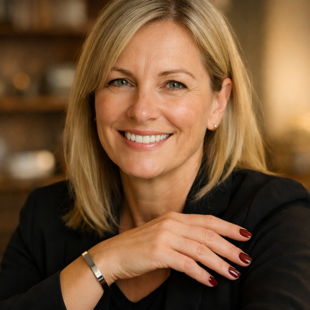 Person smiling with hand raised, wearing a black jacket, bookshelves in the background.