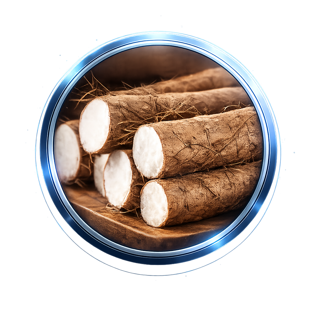 A pile of cut cassava roots with brown skin and white flesh, viewed through a glowing blue circular frame.