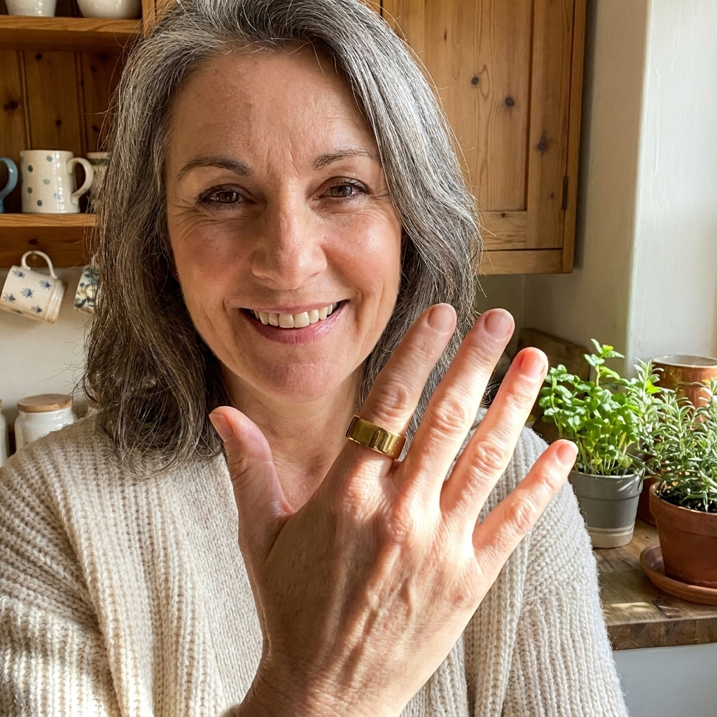 A smiling woman with gray hair holds up her hand to show a wide gold ring.