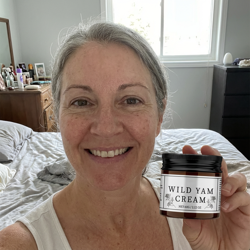 A smiling woman with graying hair holds up a jar of Wild Yam Cream in a bedroom.