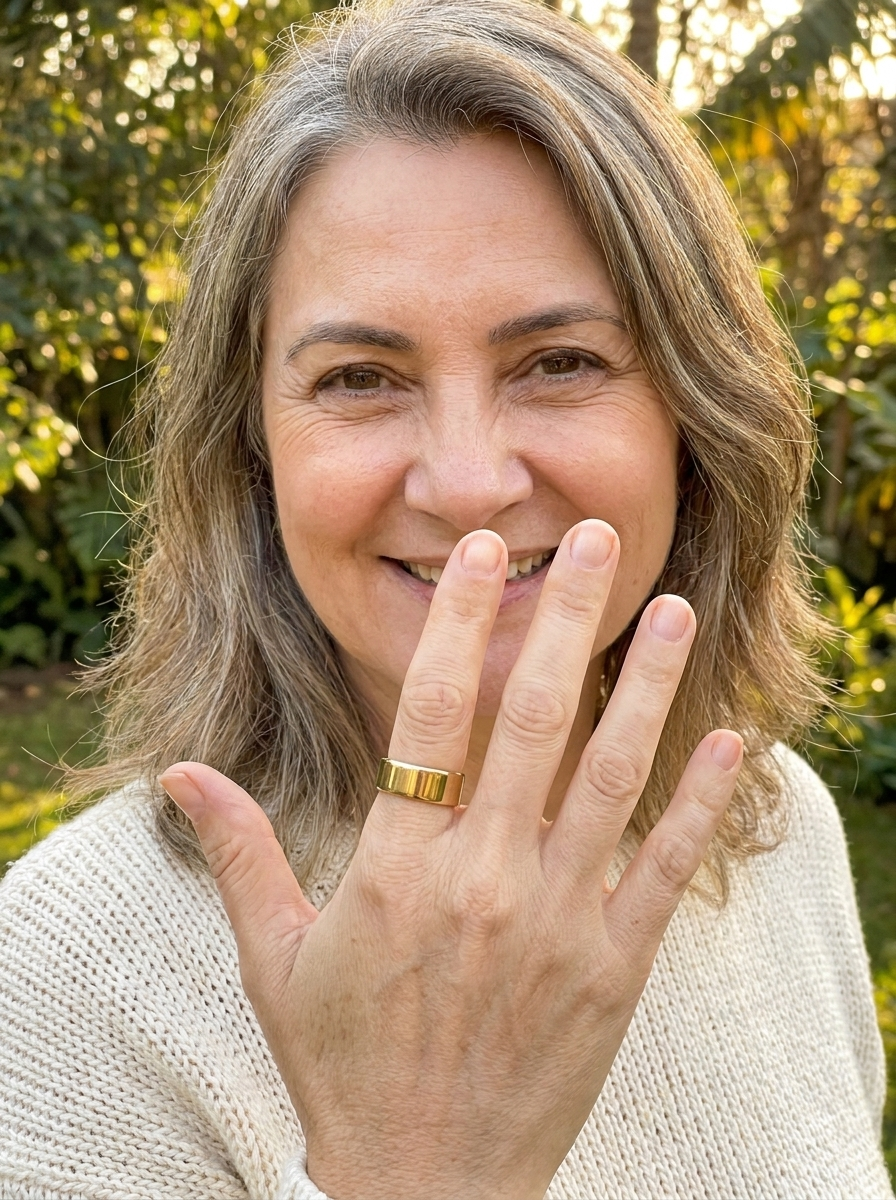 A smiling woman outdoors holds up her hand to show a thick gold band on her finger.