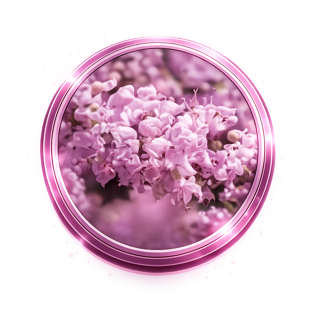 A cluster of pink flowers is seen through a glowing, metallic pink circular frame.