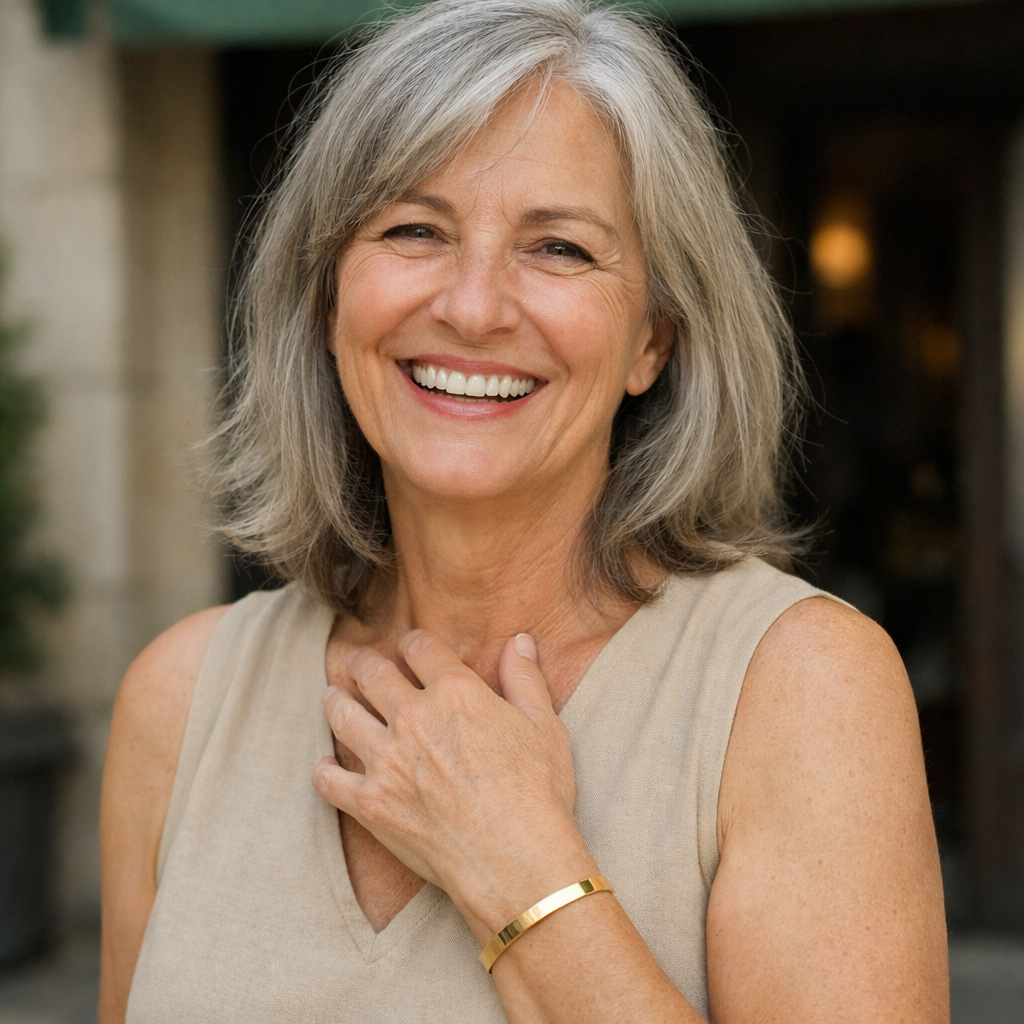 Smiling woman with gray hair wearing a sleeveless top and a gold bracelet.