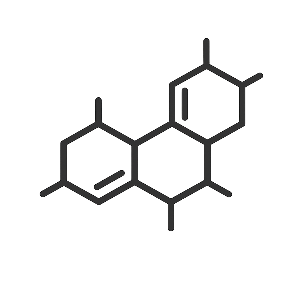 A dark gray line drawing of a chemical molecule with three fused hexagonal rings on a gray background.