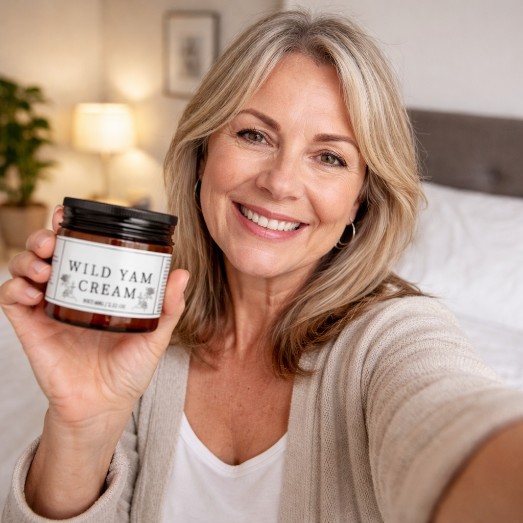 A smiling woman takes a selfie while holding up a jar of Wild Yam Cream in her bedroom.