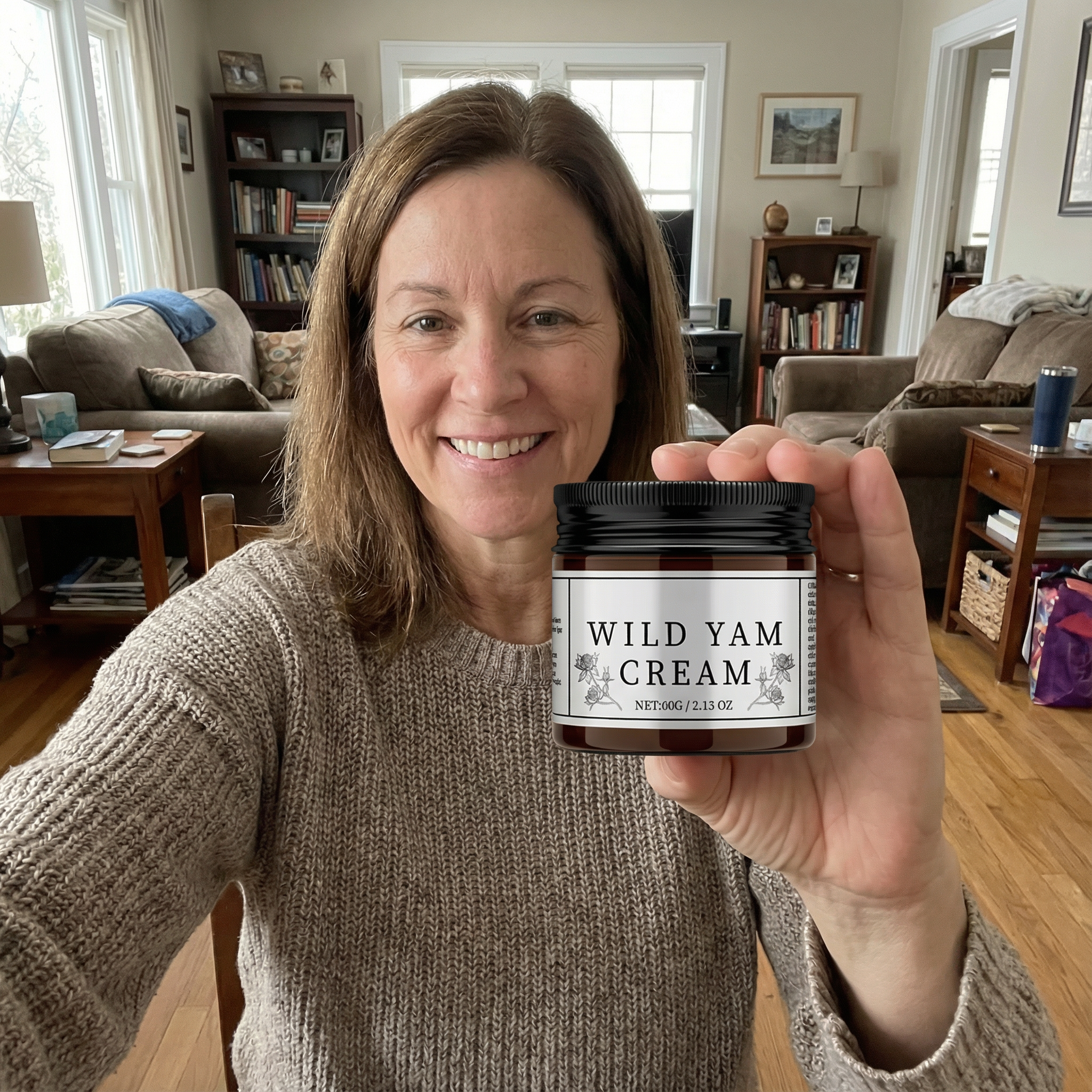 A smiling woman in a living room holds up a jar of Wild Yam Cream.