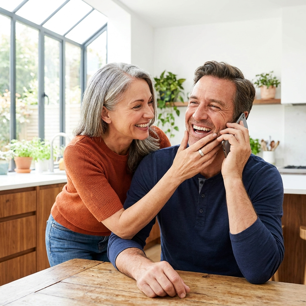 A smiling woman touches the face of a man who is laughing on the phone in a kitchen.