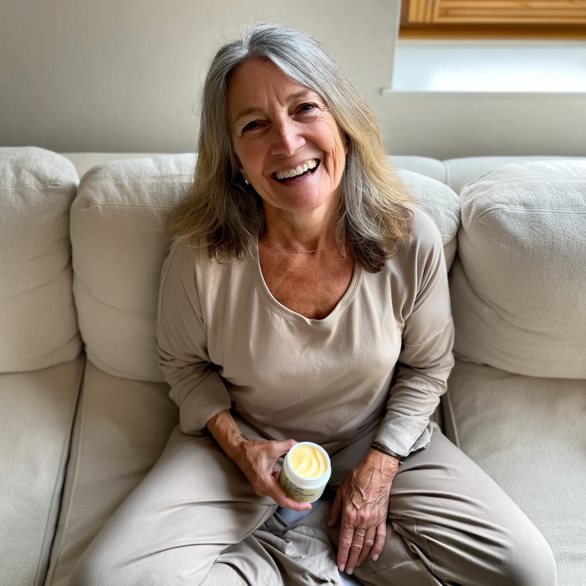 A smiling woman with gray hair sits on a couch holding an open jar of cream.