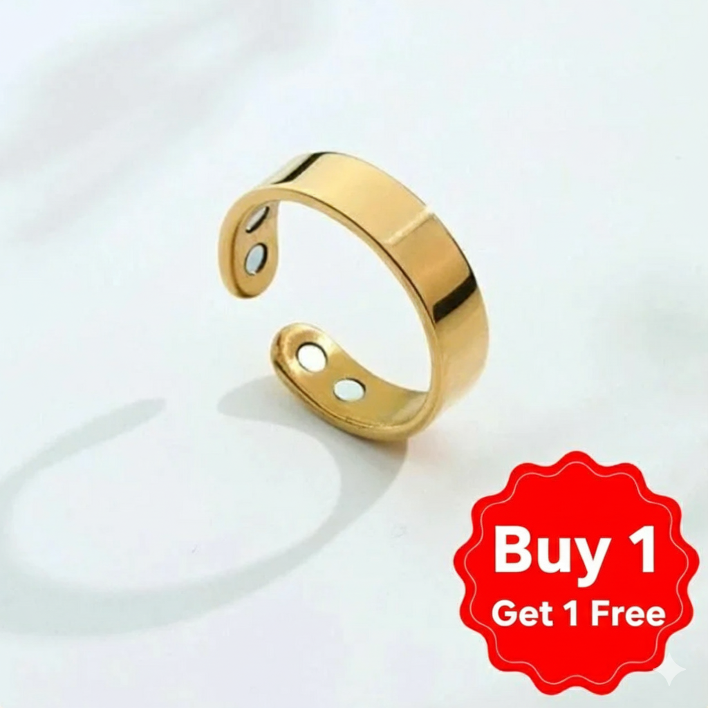 Gold magnetic ring with a 'Buy 1 Get 1 Free' offer label.