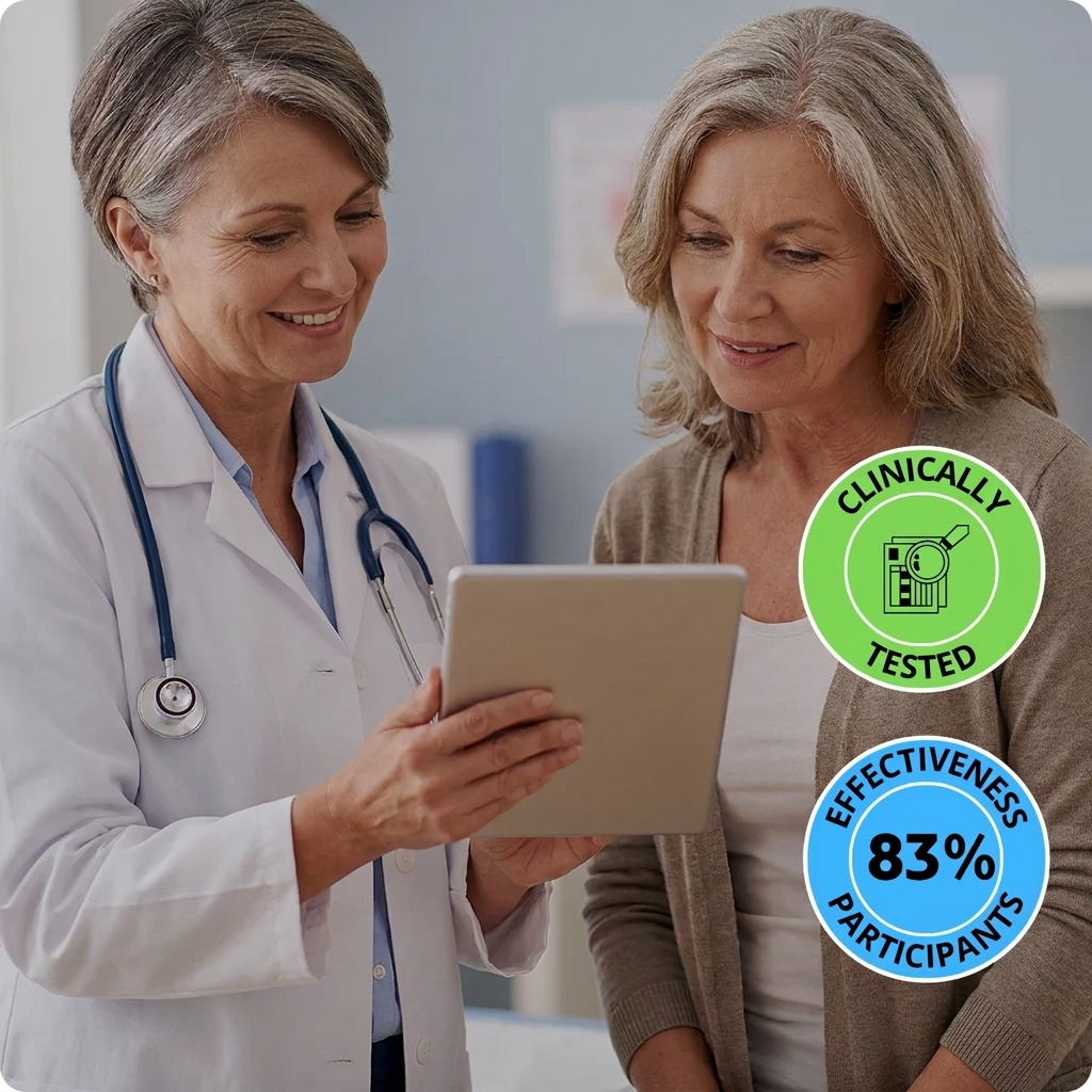 A female doctor shows a female patient information on a tablet with 'Clinically Tested' and 'Effectiveness' badges.