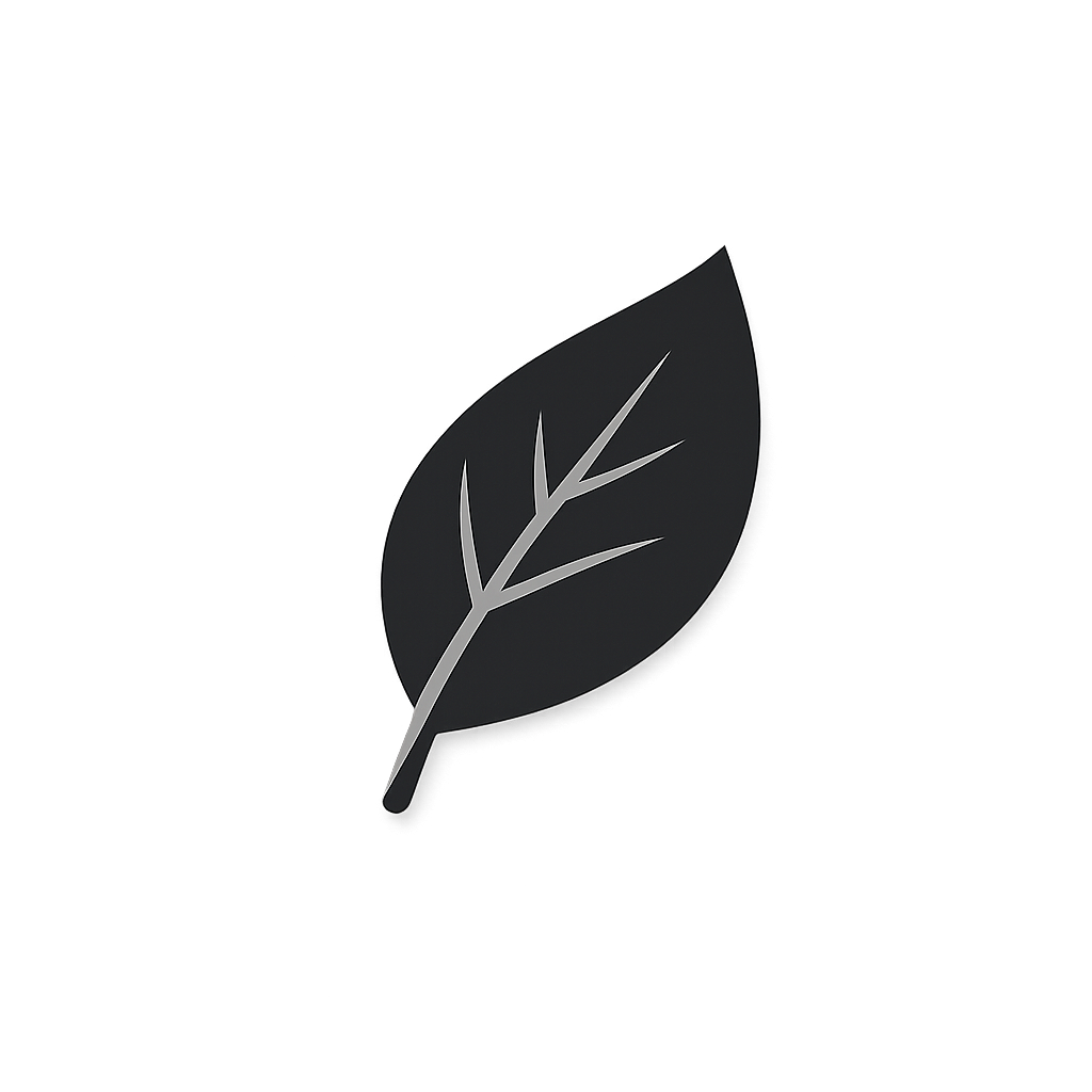 A stylized dark gray leaf icon with light gray veins on a gray gradient background.
