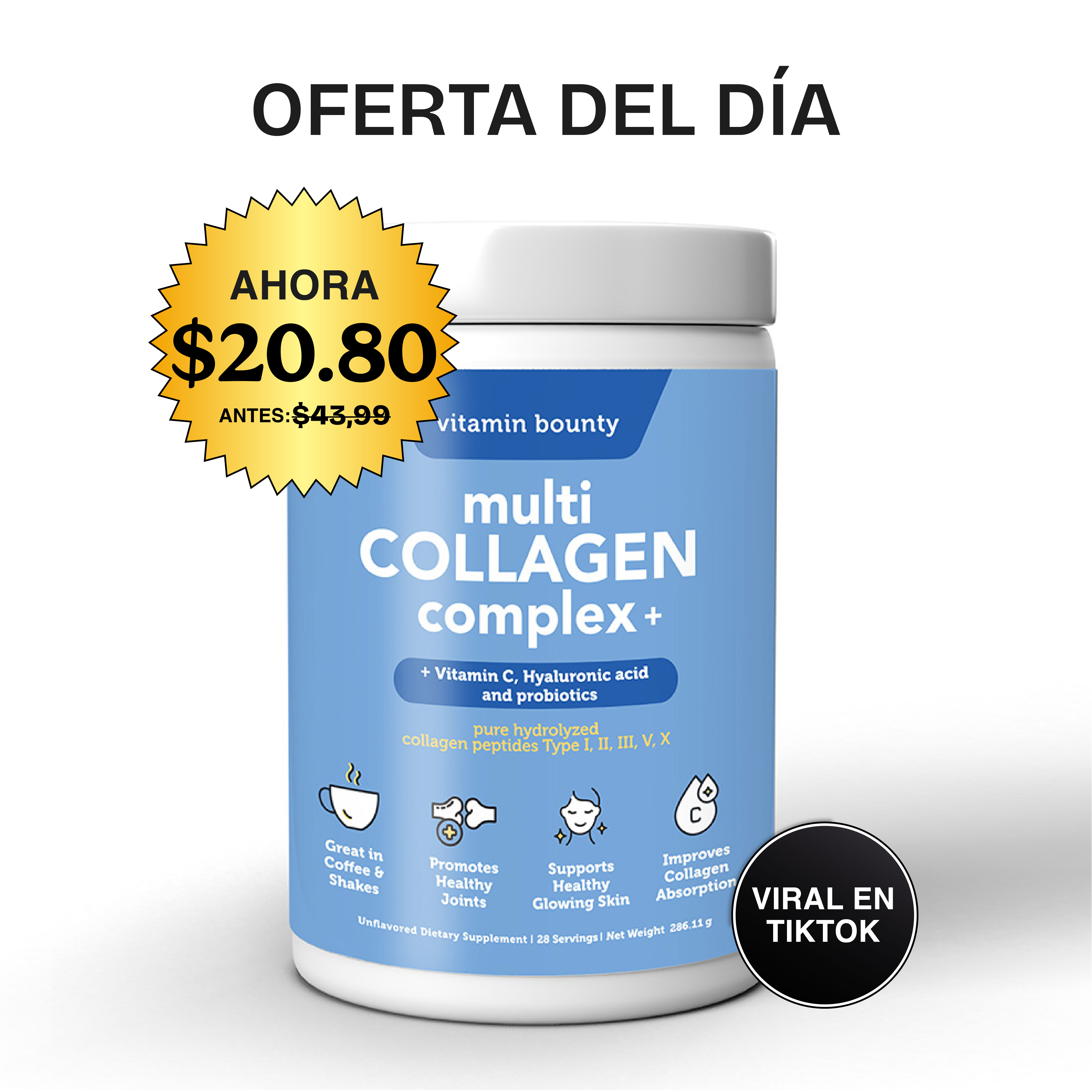 A promotional image for Vitamin Bounty Multi Collagen Complex+ supplement with Spanish text indicating a sale price.