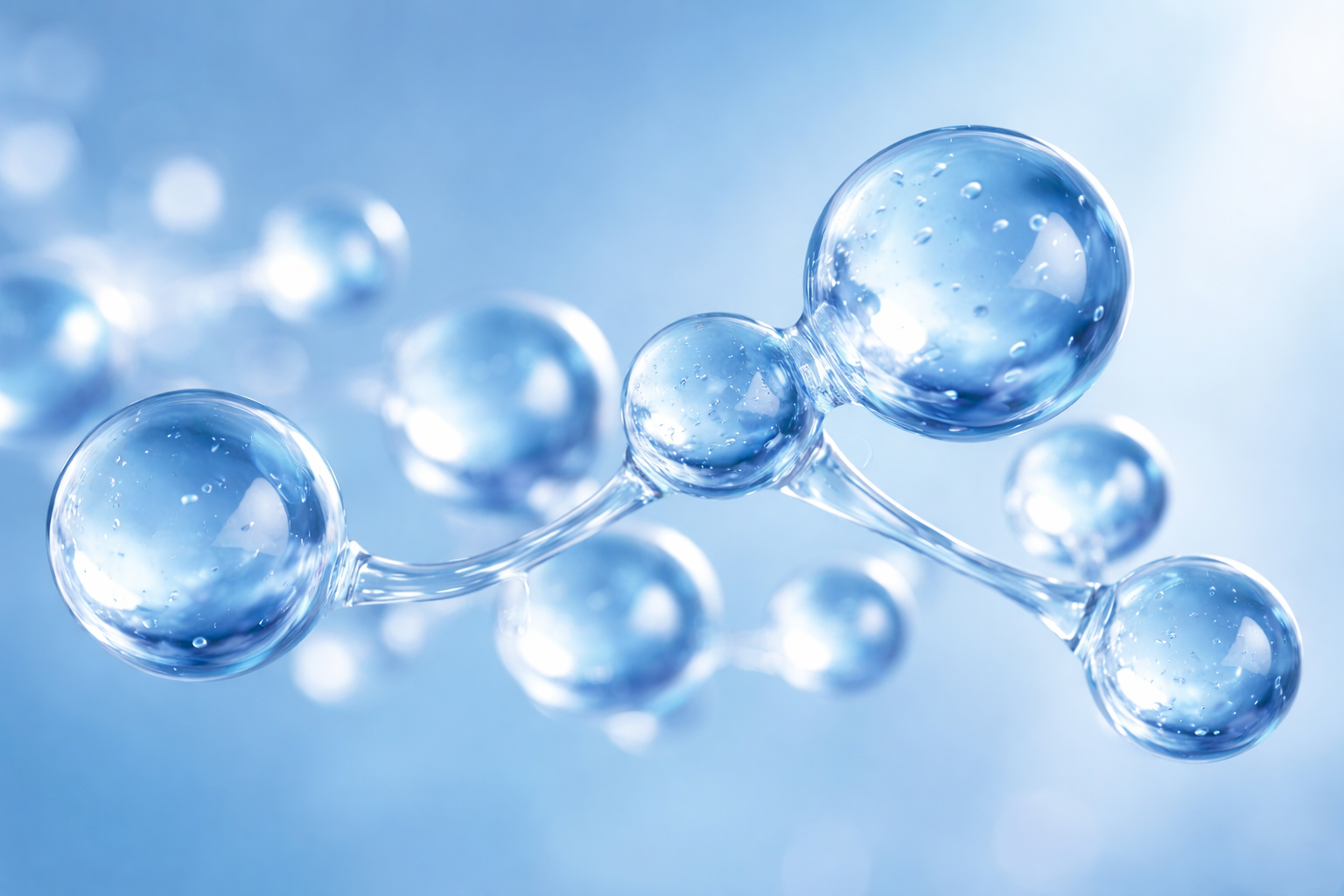 A computer-generated image of a transparent blue molecule with water droplets against a blurred blue background.