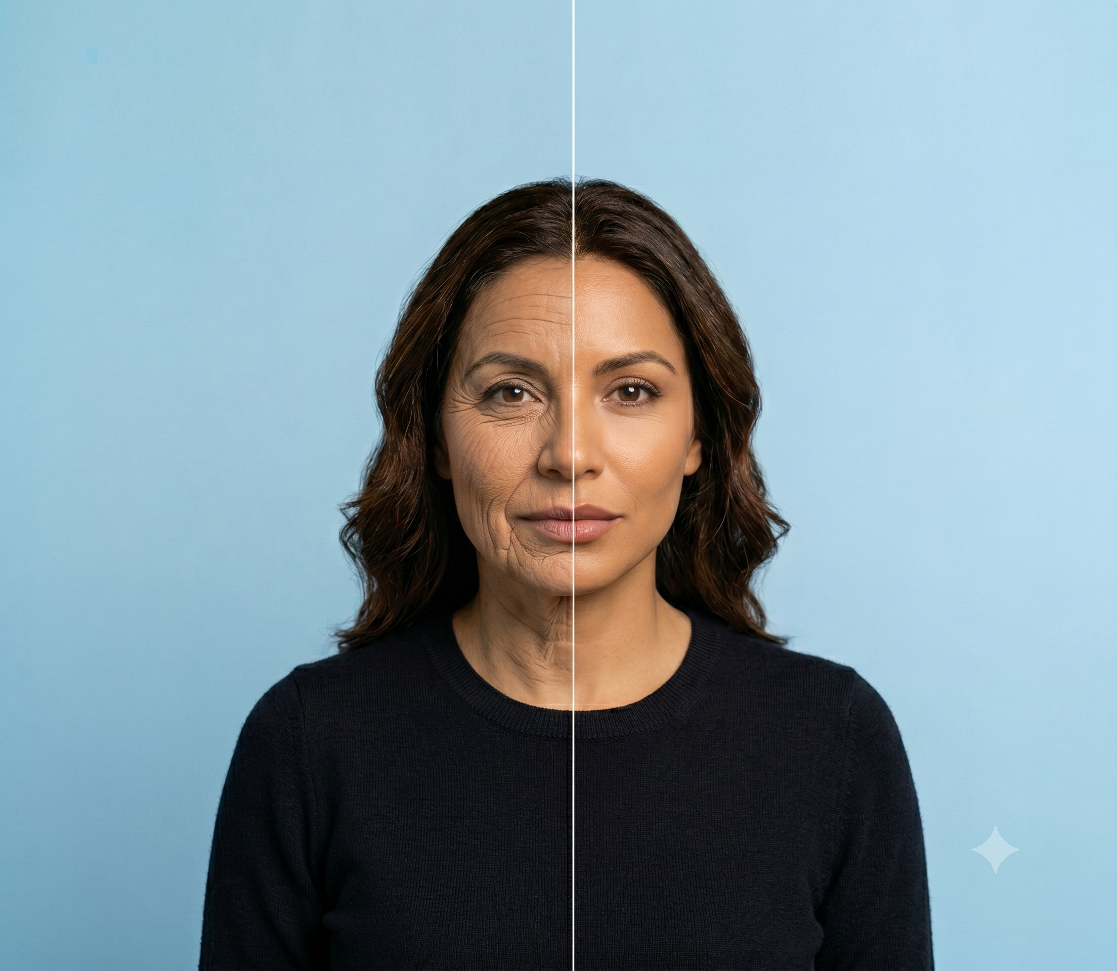 A split image of a woman's face, one half showing wrinkles and the other half smooth.