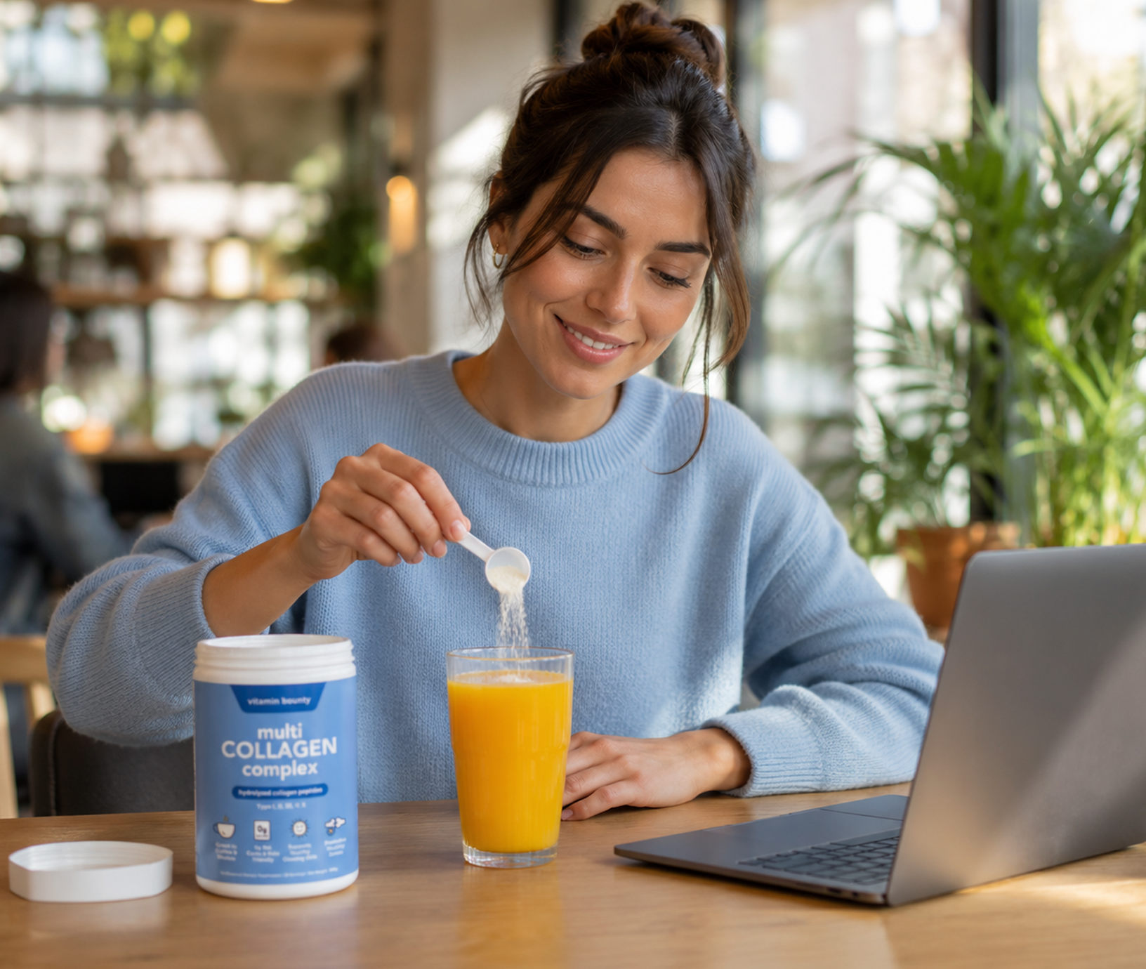 Collagen supplement container with drinks on a blue background.