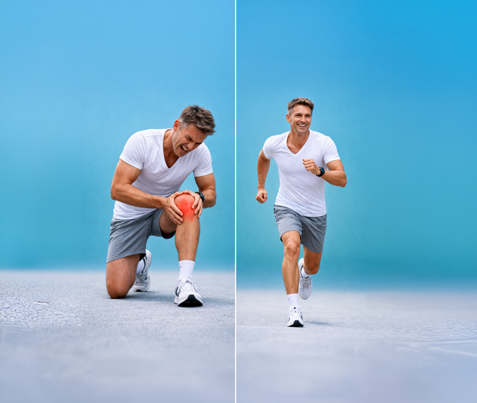 Split-screen image showing a man with knee pain on the left and the same man running happily on the right.