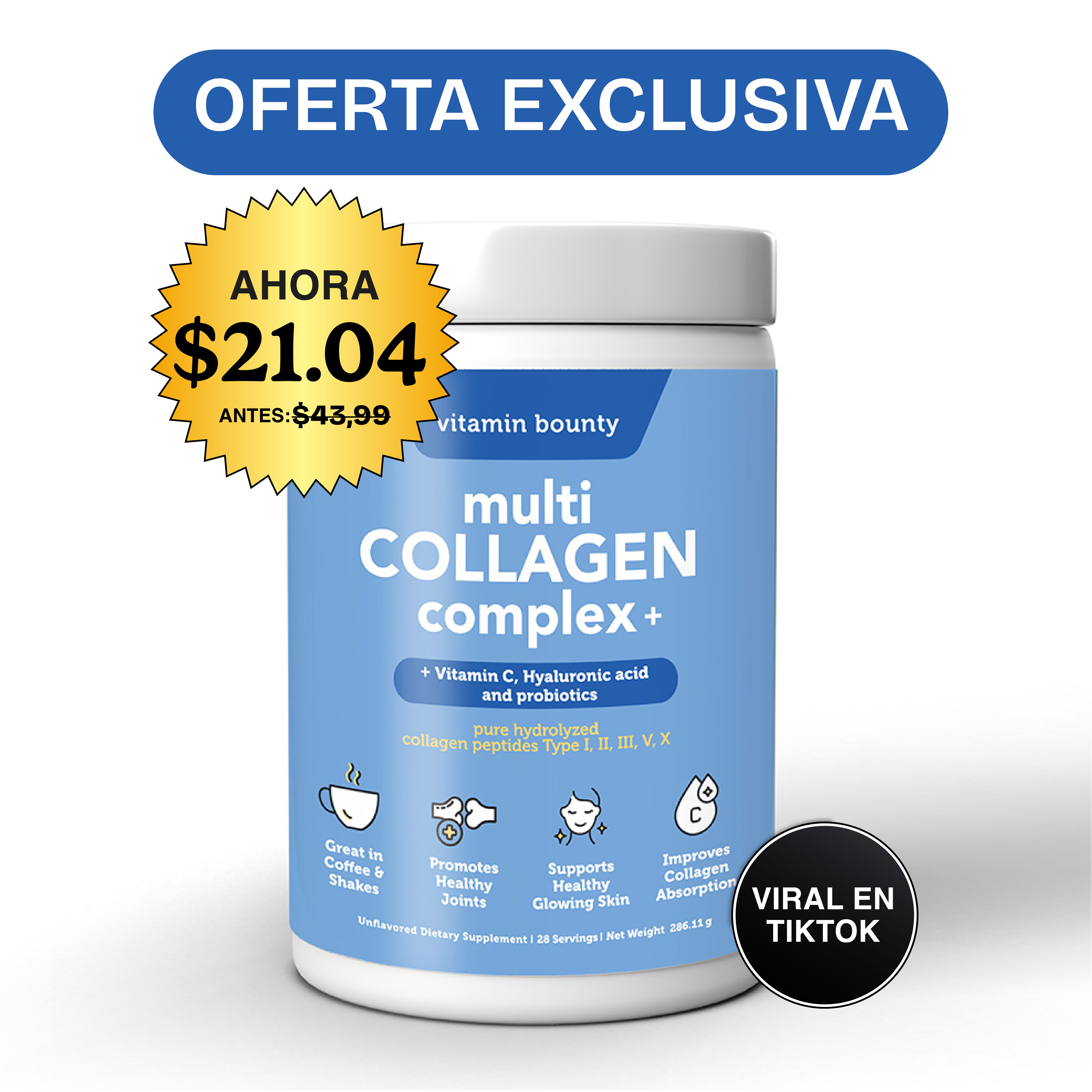 A container of Vitamin Bounty Multi Collagen Complex+ supplement, with promotional text advertising a sale price.