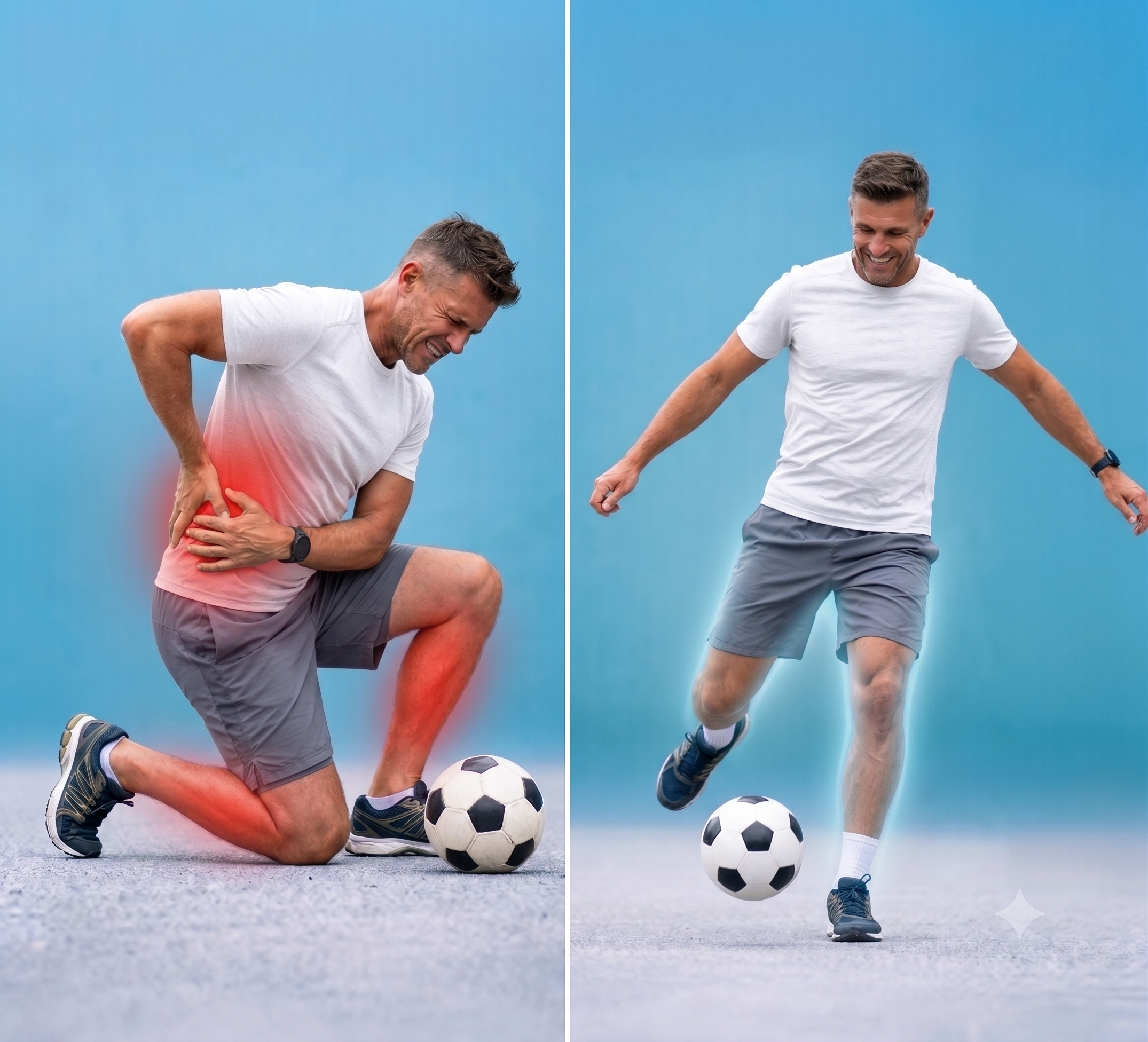 A split image showing a man in pain from a soccer injury, then happily playing soccer pain-free.