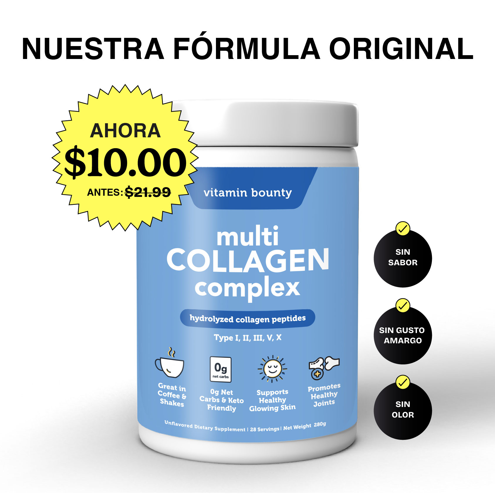 A promotional image for Vitamin Bounty Multi Collagen Complex powder, showing a sale price of $10.00.