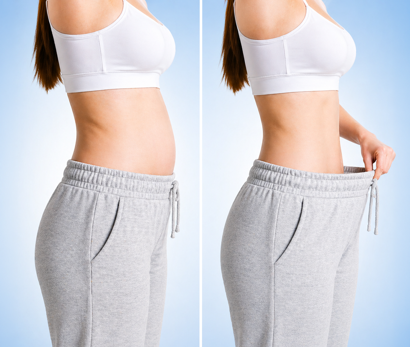 A before and after comparison image of a woman's midsection, showing weight loss and looser-fitting sweatpants.