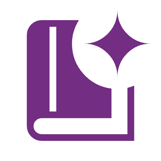 Purple book icon with a leaf and star design.