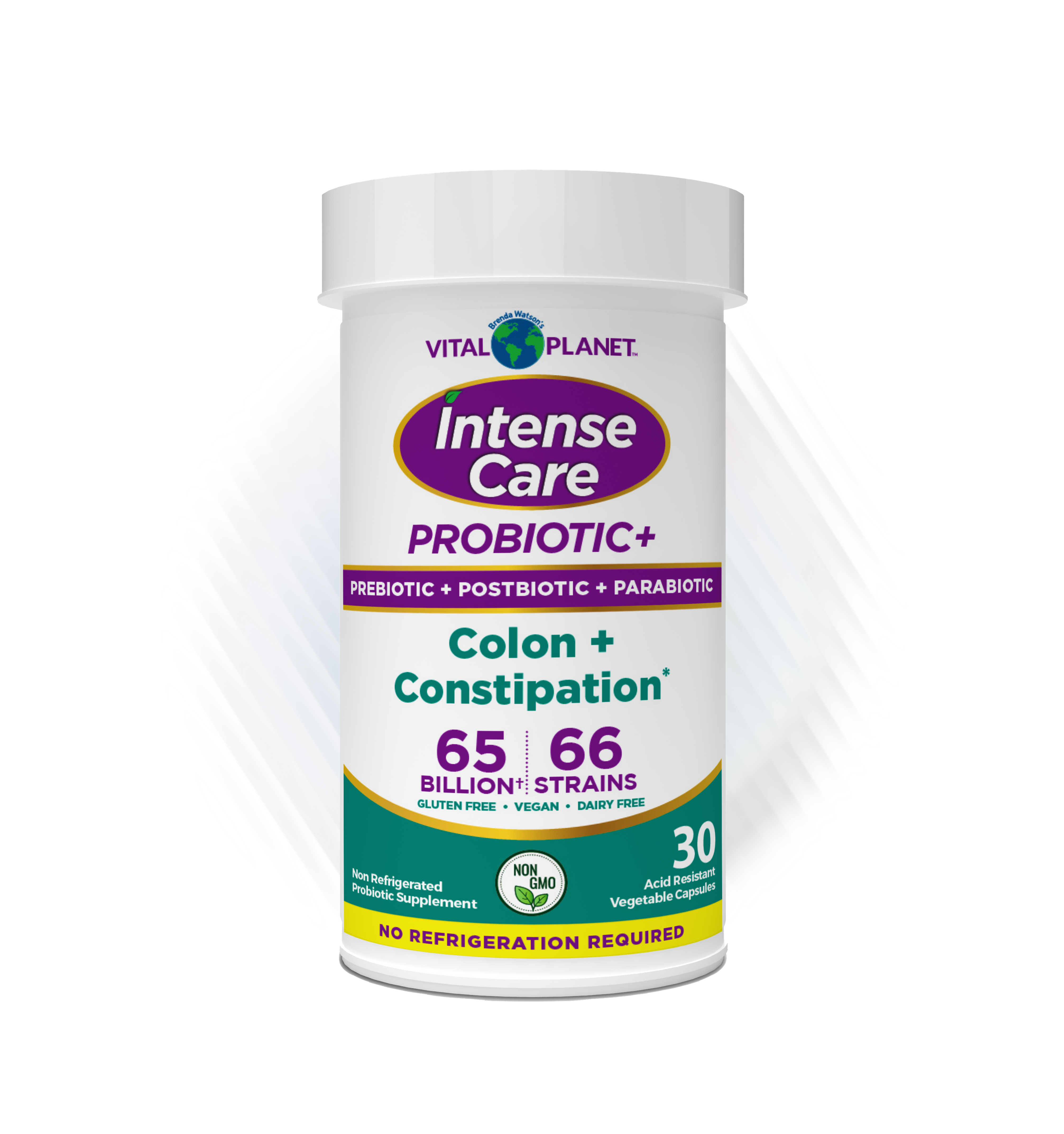 White bottle of Intense Care Probiotic+ for colon and constipation support.