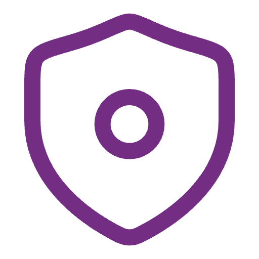 Purple shield icon with a circle in the center on a white background.