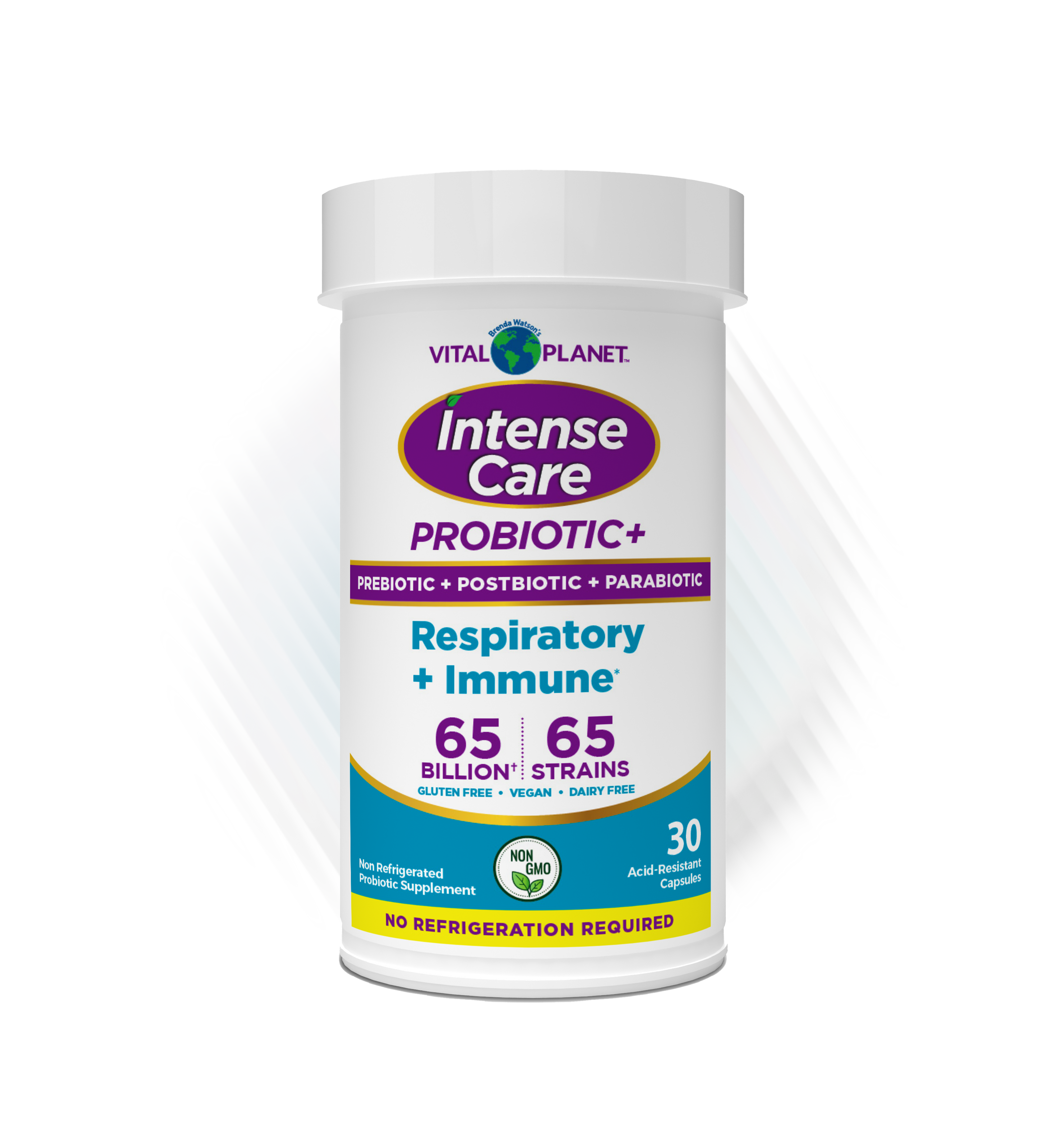Probiotic supplement bottle labeled 'Intense Care' with respiratory and immune support features.
