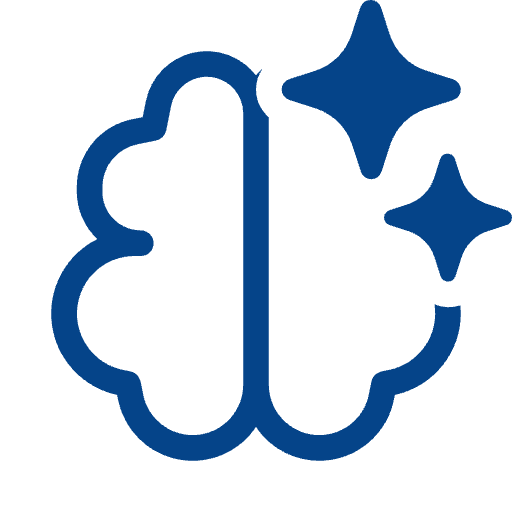 Blue brain icon with sparkles on a white background.