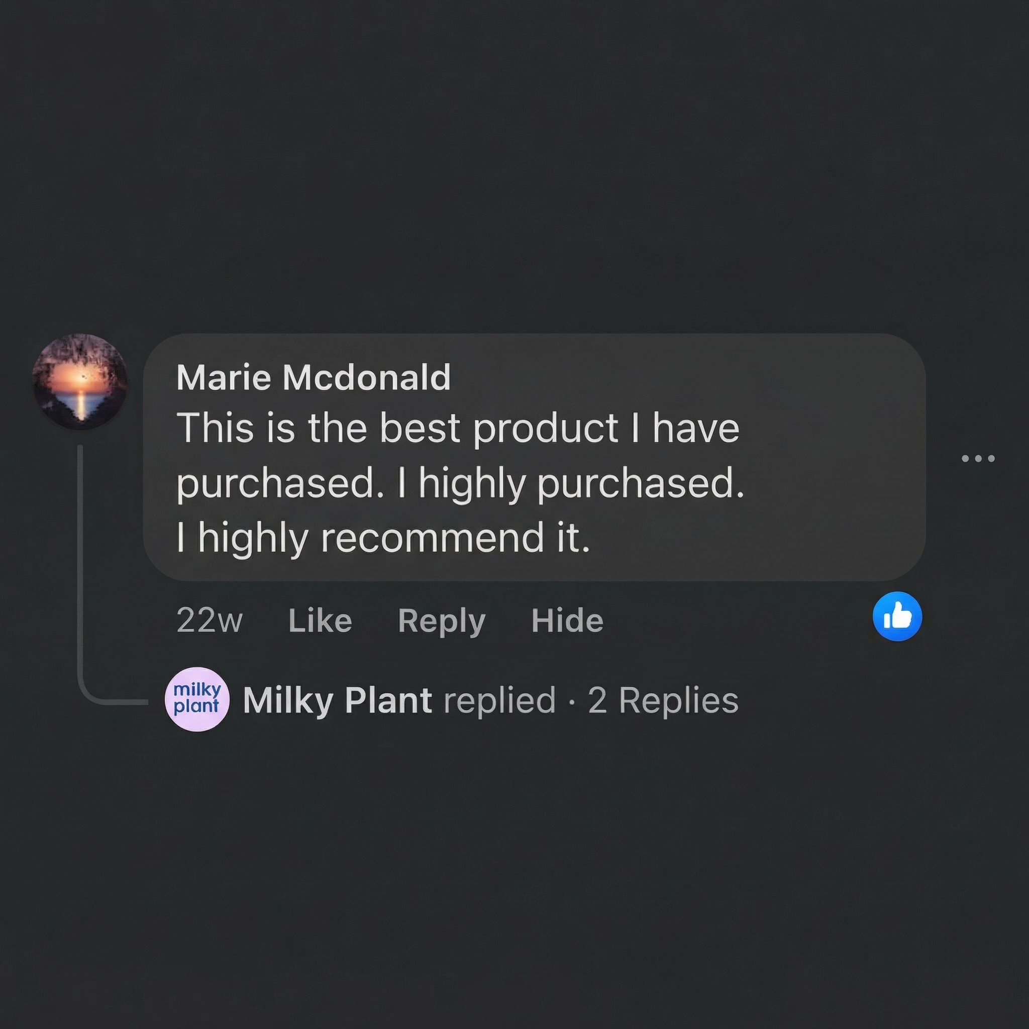 A screenshot of a social media comment from Marie Mcdonald highly recommending a product she purchased.