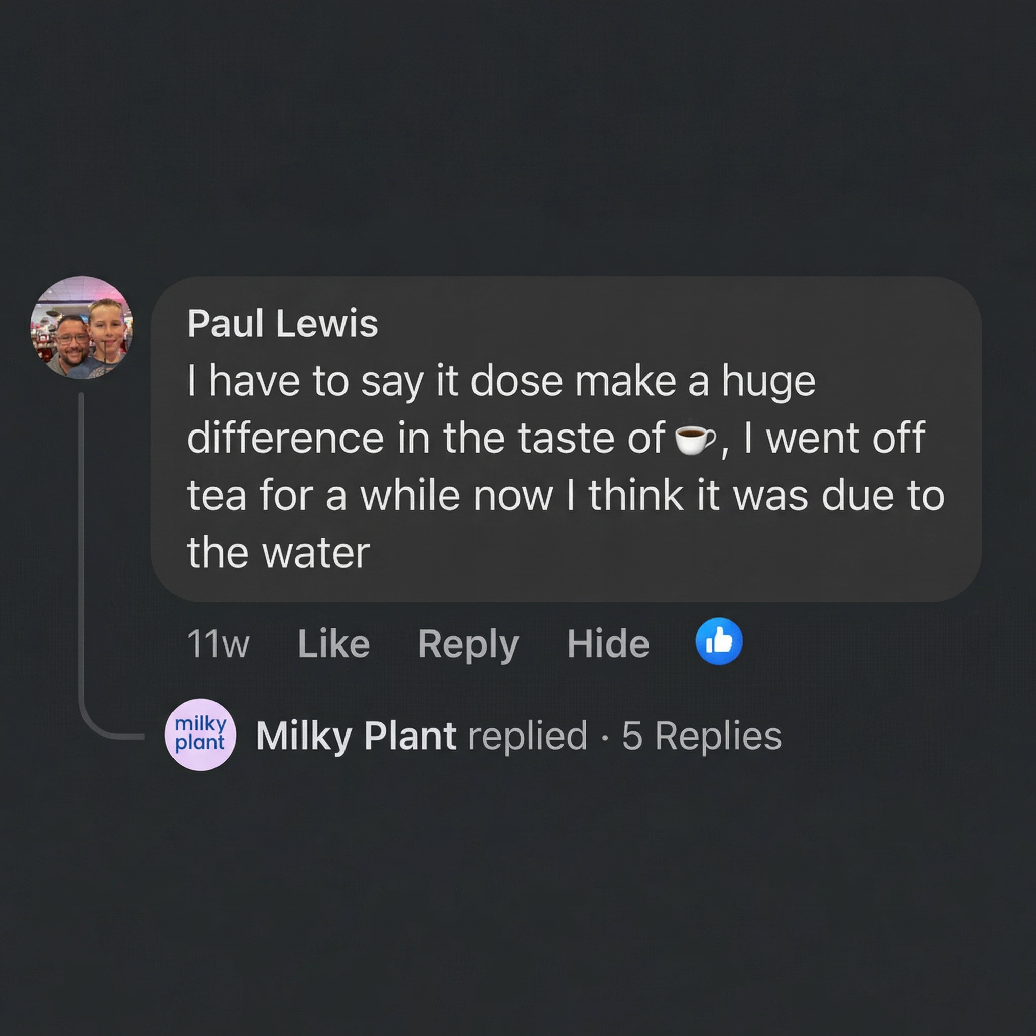 A screenshot of a social media comment from Paul Lewis about the taste of tea.