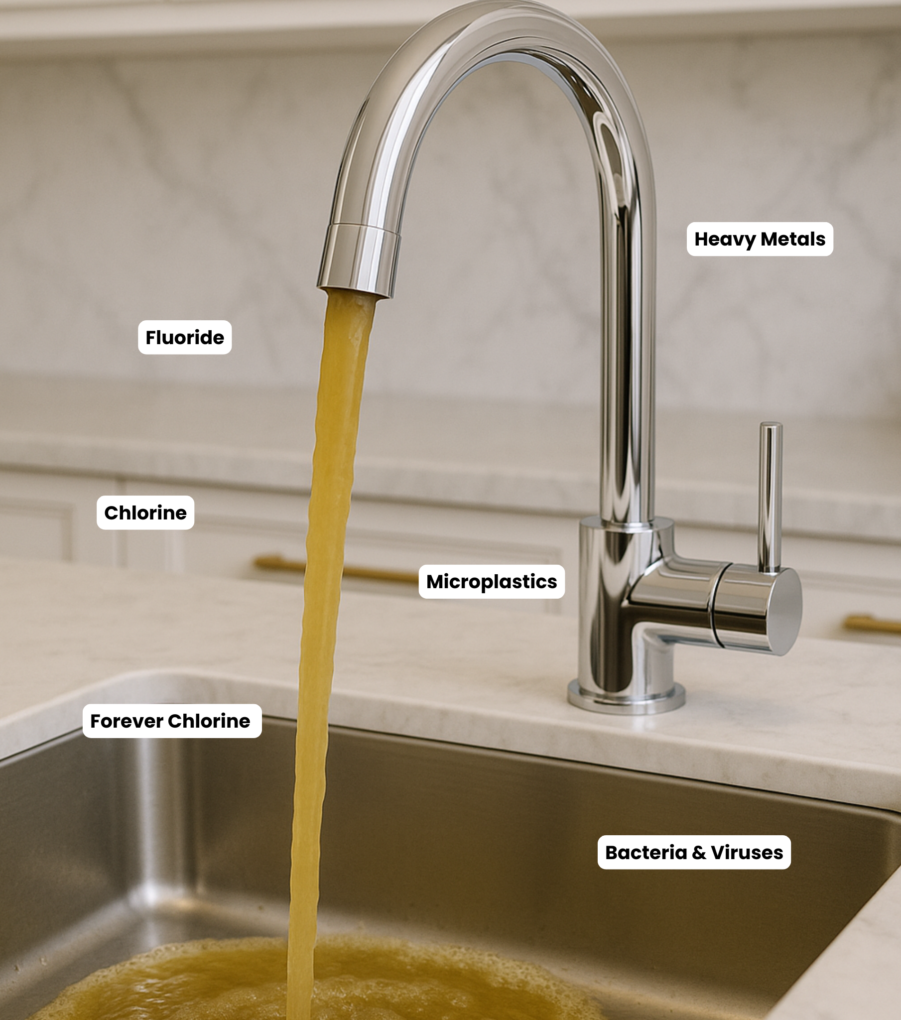 Kitchen faucet with brown water labeled with contaminants like fluoride and microplastics.