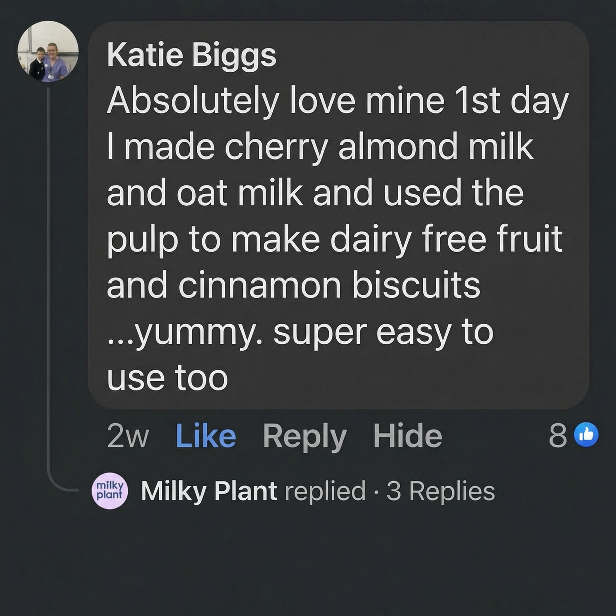 A screenshot of a positive social media comment from a customer with a reply from the brand Milky Plant.