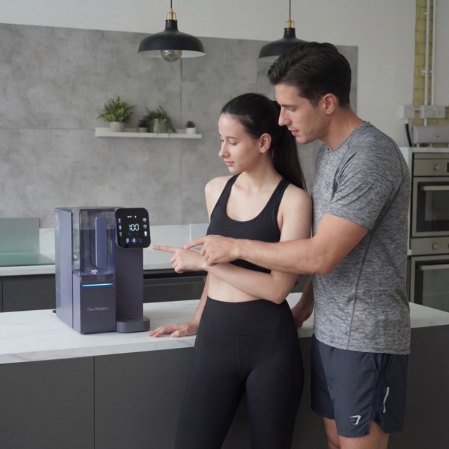 Two people interact with a water purifier in a modern kitchen.
