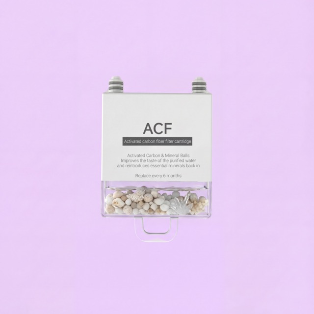 Activated carbon filter cartridge on a purple background.