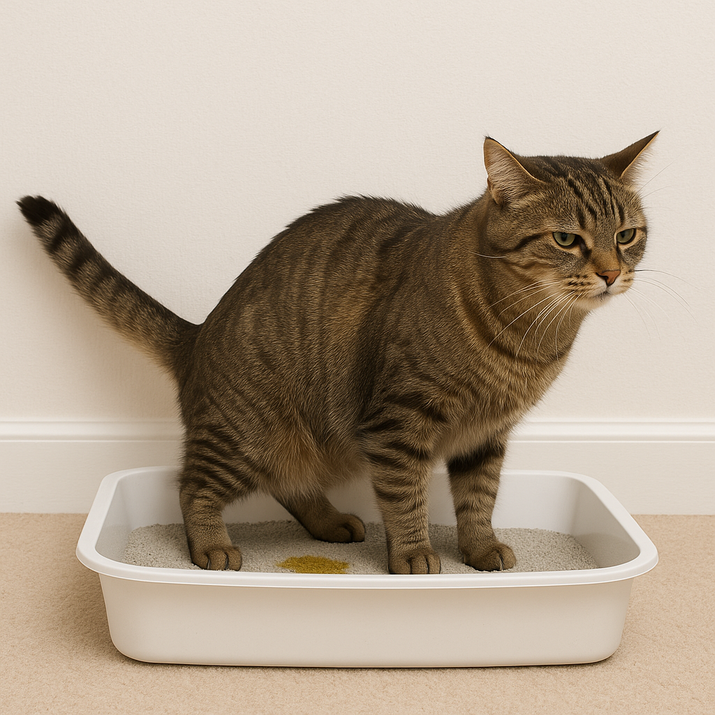 Tabby cat standing in a white litter box on a beige carpet.