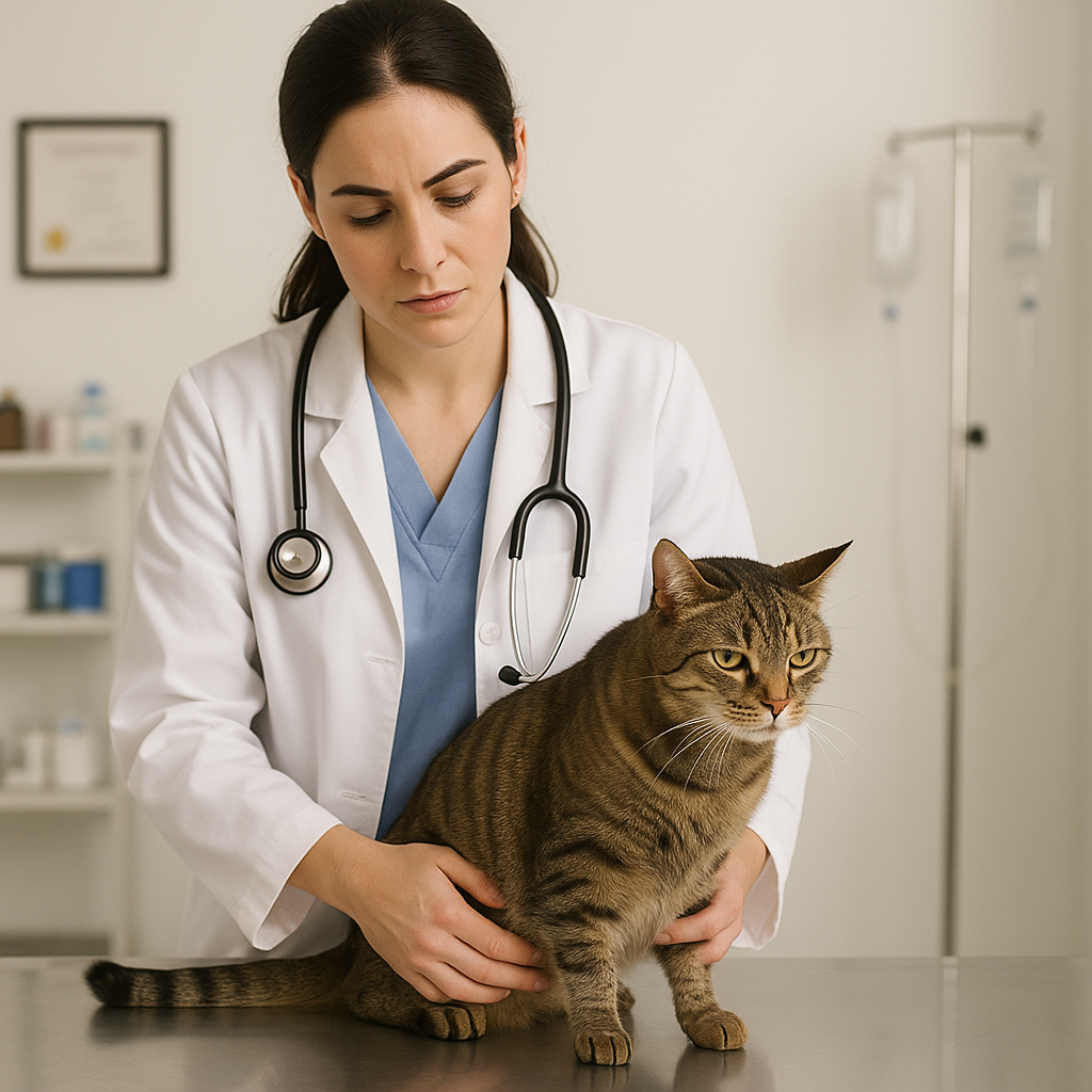 Veterinarian examining a tabby cat on a table in a clinic.