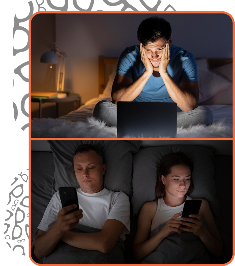 Two images: man on laptop, couple using phones in bed.