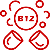 A red icon of an open B12 capsule releasing its contents.