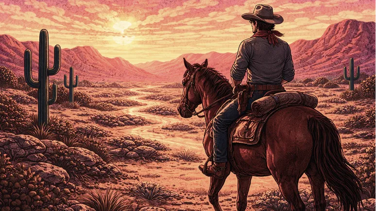 A stylized illustration of a cowboy on horseback overlooking a desert landscape with cacti at sunset.