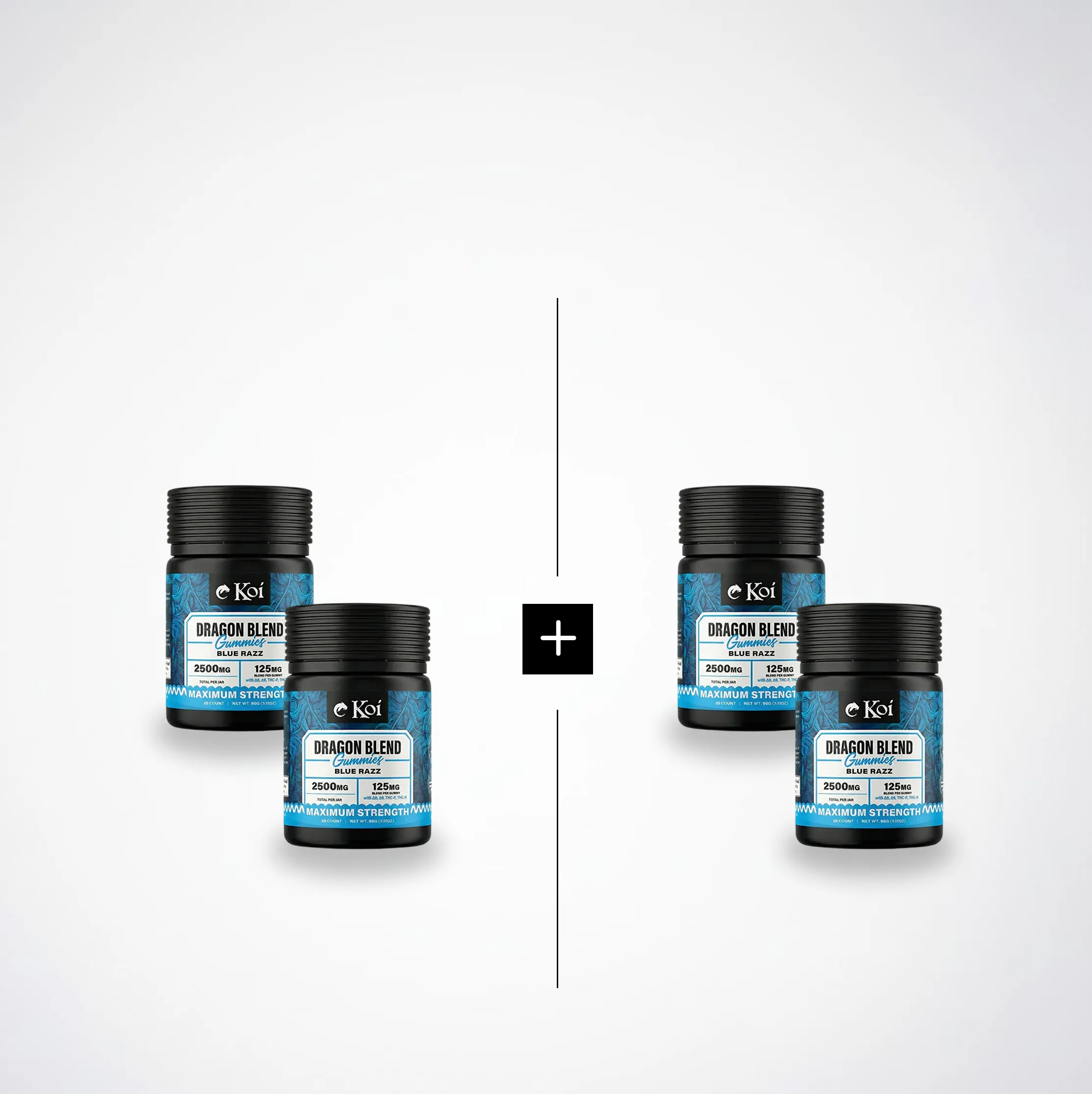 Two jars of Koi Dragon Blend Gummies plus two more jars of the same product on a white background.