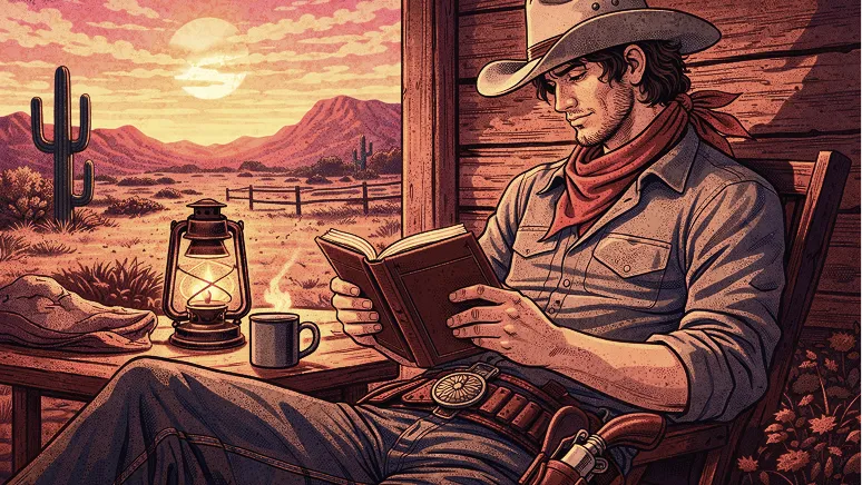 An illustration of a cowboy sitting on a porch at sunset, reading a book by lantern light.