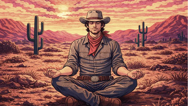 An illustration of a cowboy meditating cross-legged in a desert landscape with cacti.