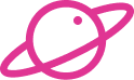 A stylized pink icon of a planet with a ring around it.