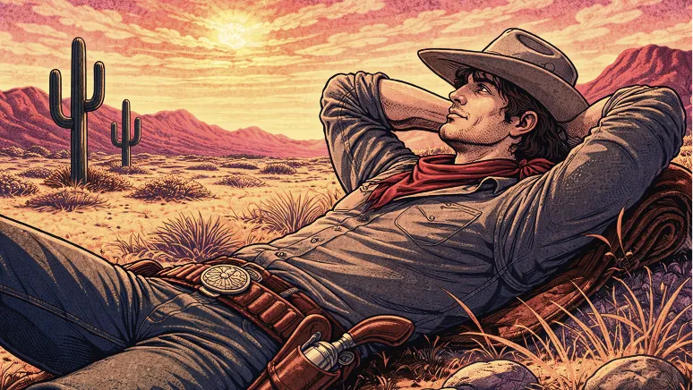 A comic book-style illustration of a cowboy relaxing in the desert at sunset, with cacti and mountains.