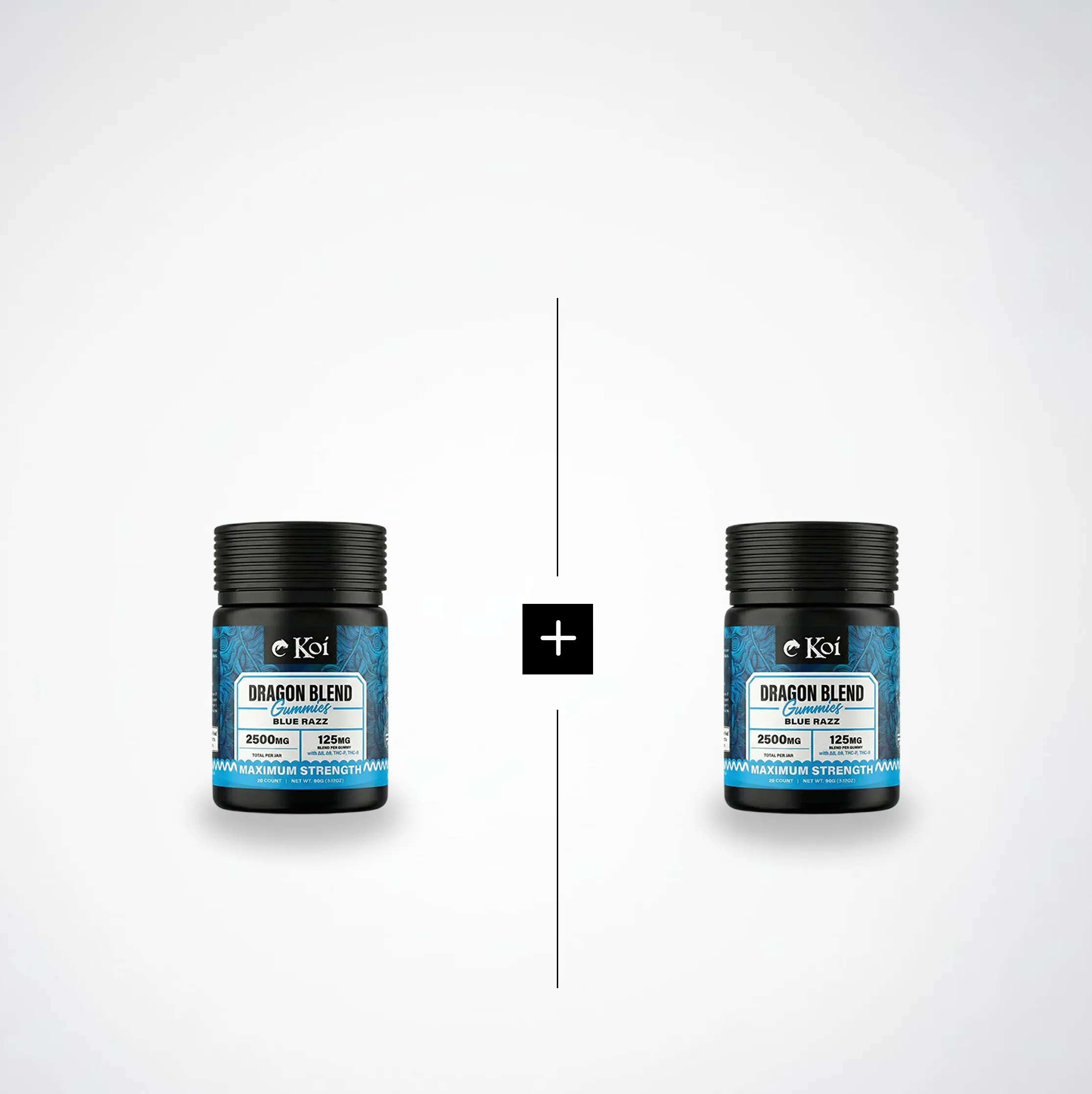 Two jars of Koi Dragon Blend Gummies with a plus sign between them on a white background.